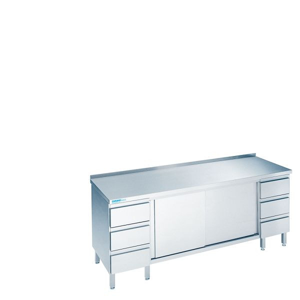 CHROMOnorm Arbeitsschrank mit Schiebetüren und Schubladenblöcken, Tiefe 600mm, Tischplatte hinten auf, SS0618CS3B0