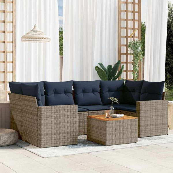 vidaXL 7-teilige Garten-Sofagarnitur mit Kissen Grau Poly Rattan, 3256355