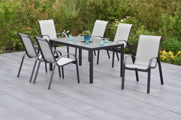 Merxx Amalfi Set 7-teilig, 6 Amalfi Stapelsessel, 1 Tisch, 150 x 90 cm, Graphit/diamantbraun, 50700-330