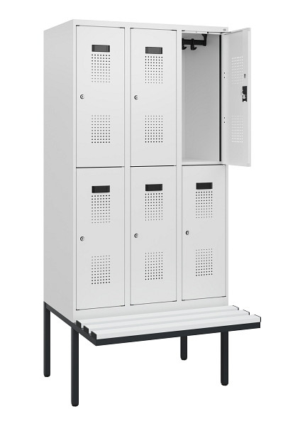 C+P Doppelstock-Spind Evolo PLUS, Bank, 6 Fächer, 1950x900x815mm, 9016/9016, Zylinderschloss, Sitzfläche Kunststoff, 0493405-30 S10155