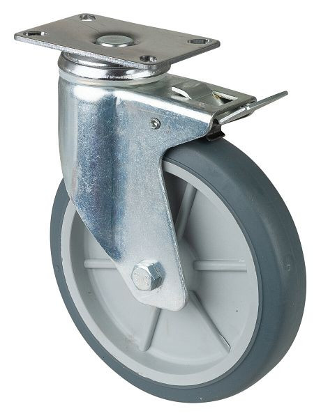 BS Rollen Schwere Apparaterolle mit Feststeller, Breite 32 mm, Ø150 mm, bis 100 kg, Gummi grau, Körper Kunststoff, Gleitlager, Platte, C120.A80.151