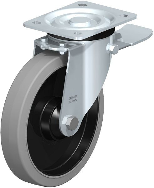 Blickle L-POEV 201K-ST-SG Stahlblech-Lenkrolle, mittelschwere Ausführung, mit Anschraubplatte & Feststeller, Elastik-Vollgummi, Grau, 850717