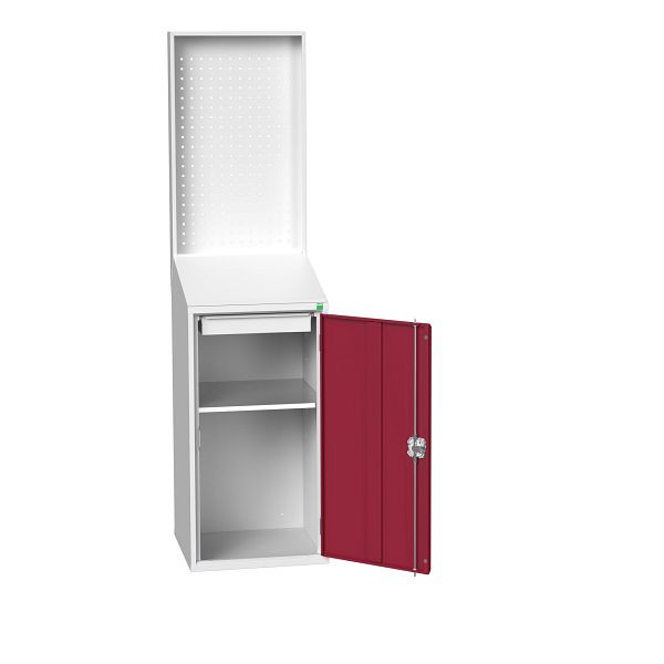 bott verso Economy Pult mit perfo Rückwand, mit 1 Fachboden, 1 Schublade, BxTxH: 525 x 550 x 2000 mm, Lichtgrau / Purpurrot, 16929025.24