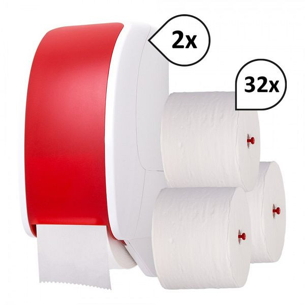 Produktbild von Blanc Hygienic SET: 2x Toilettenpapierspender Doppelrollen Blanc Cosmos + 32 Toilettenpapierrollen Long Life 3L, Farbe: rot/weiß, PS-THR3503-2300WR Blanc Hygienic SET: 2x Toilettenpapierspender Doppelrollen Blanc Cosmos + 32 Toilettenpapierrollen Long Life 3L, Farbe: rot/weiß, PS-THR3503-2300WR