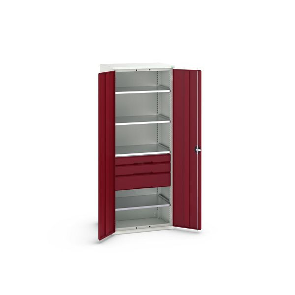 bott verso Flügeltürschrank mit Schubladen, mit 4 Fachböden und 3 Schubladen, BxTxH: 800 x 550 x 2000 mm, Lichtgrau / Purpurrot, 16926456.24