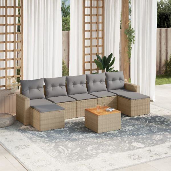 vidaXL 8-tlg. Garten-Sofagarnitur mit Kissen Beige Poly Rattan, 3256584