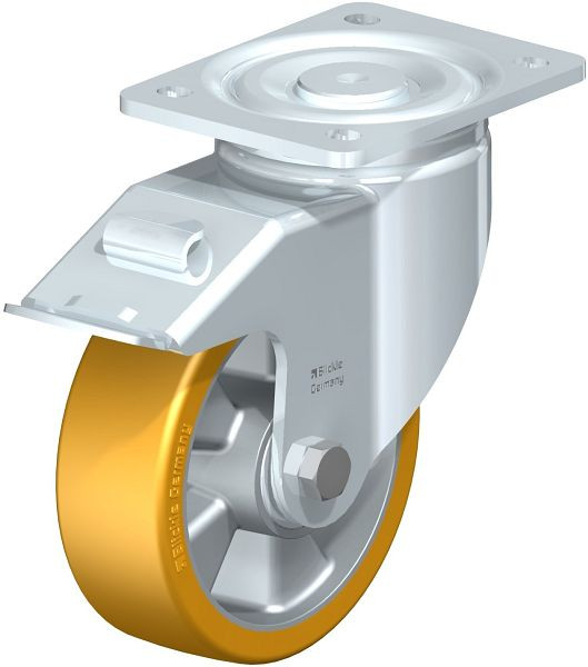 Blickle LH-ALTH 150K-FI Stahlblech-Lenkrolle, Schwerlast-Ausführung, mit Anschraubplatte & Feststeller, Blickle Extrathane®, Hellbraun, 457978