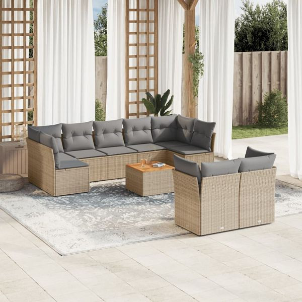 vidaXL 10-teilig Garten-Sofagarnitur mit Kissen Beige Poly Rattan, 3256143