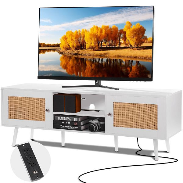 VEVOR Rattan-TV-Ständer 165cm Fernseher Boho-TV-Schrank Fernsehschrank Eiche-Weiß, TBDSJ55YCBSL3PJVTV2