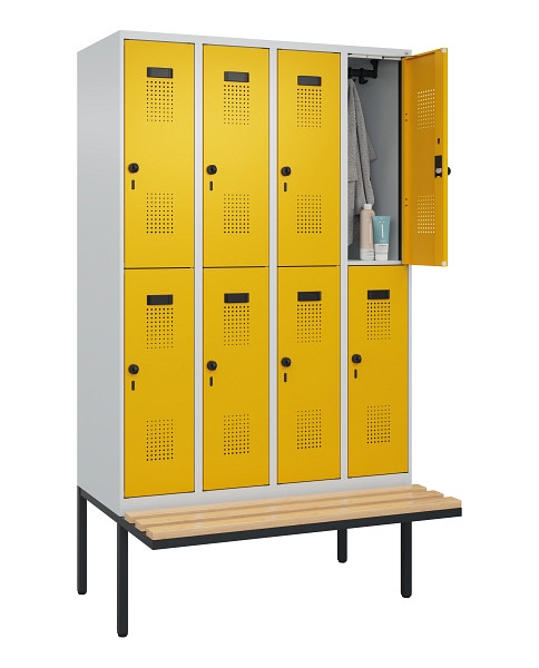 C+P Doppelstock-Spind Evolo PLUS, Bank, 8 Fächer, 2120x1200x815mm, 7035/1004, Drehriegel, Sitzfläche Buche-Hartholz, 0493407-40 S10000