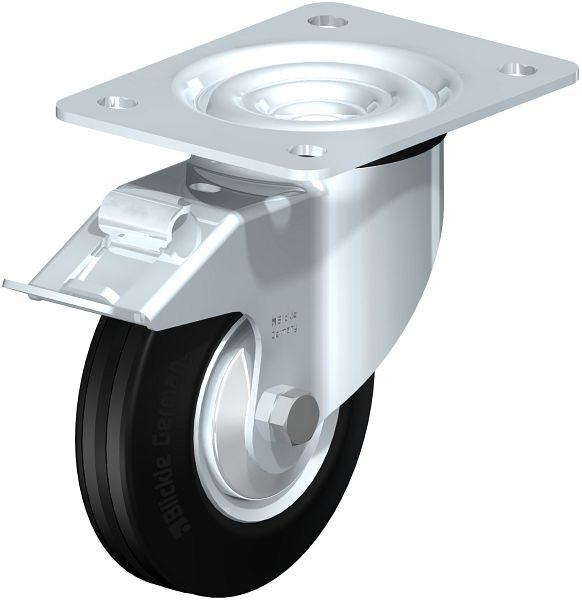 Blickle LK-RD 125R-3-FI-FA Stahlblech-Lenkrolle, schwere Ausführung, mit Anschraubplatte & Feststeller, Zweikomponenten-Vollgummi, Schwarz, 739617