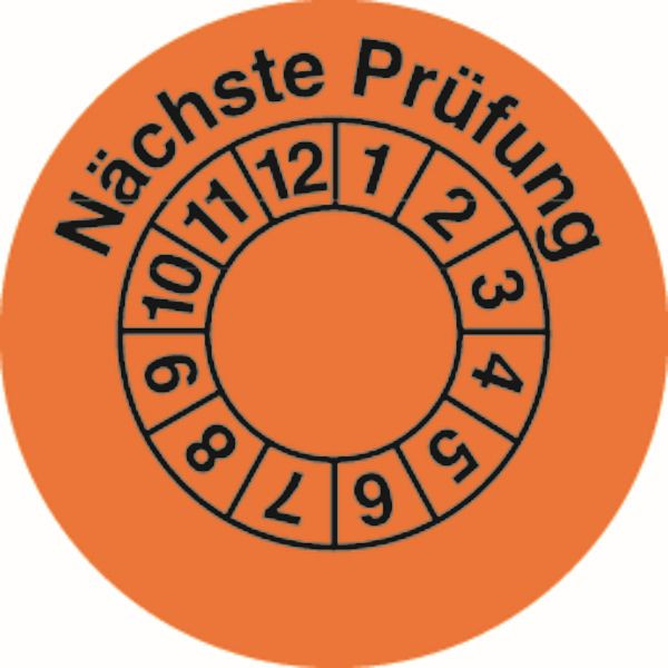 Schilder Klar Prüfetikette Nächste Prüfung orange/schwarz, 35 mm Folie selbstklebend, VE: 40 Stück, 40/61