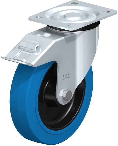 Blickle L-POEV 200XR-FI-SB Stahlblech-Lenkrolle, mittelschwere Ausführung, mit Anschraubplatte & Feststeller, Elastik-Vollgummi, Blau, 747499