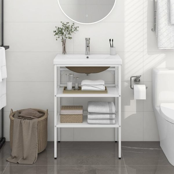 vidaXL Badezimmer-Waschtischgestell mit Waschbecken Weiß Eisen, 3101374