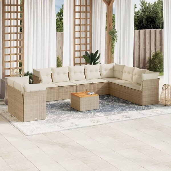 vidaXL 11-teilig Garten-Sofagarnitur mit Kissen Beige Poly Rattan, 3223720