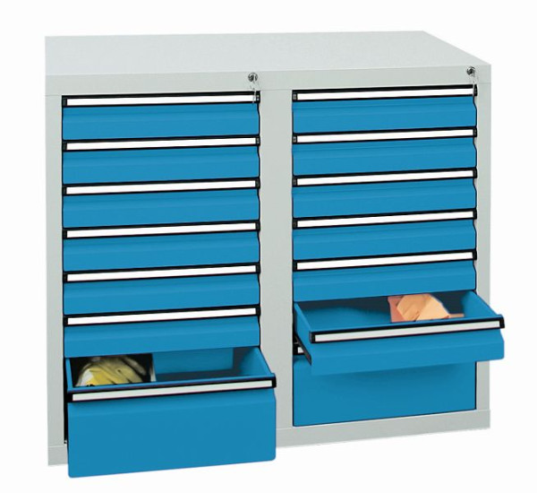 stumpf Schubladenschrank, Breite 100 cm, 100 % Teleskopauszüge, 40 kg / Schublade, 14 Schubladen, lichtgrau / lichtblau, 7102278