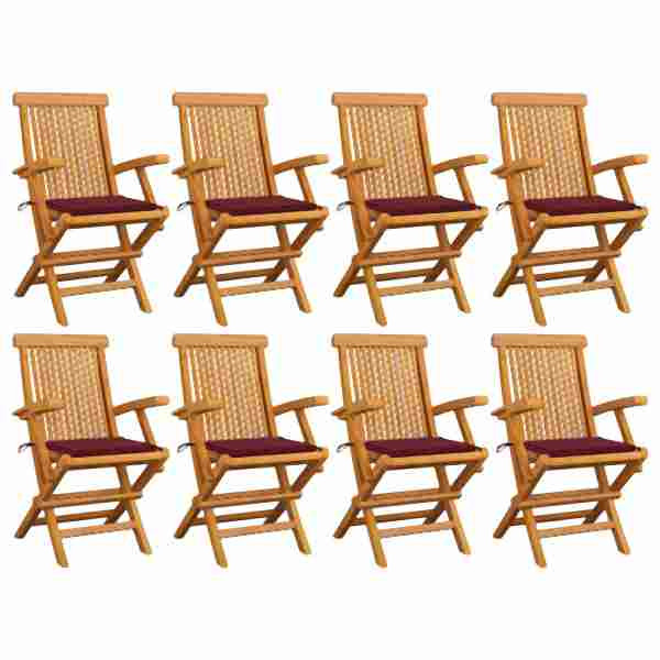 vidaXL Gartenstühle mit Weinroten Kissen 8 Stück Massivholz Teak, 3072898