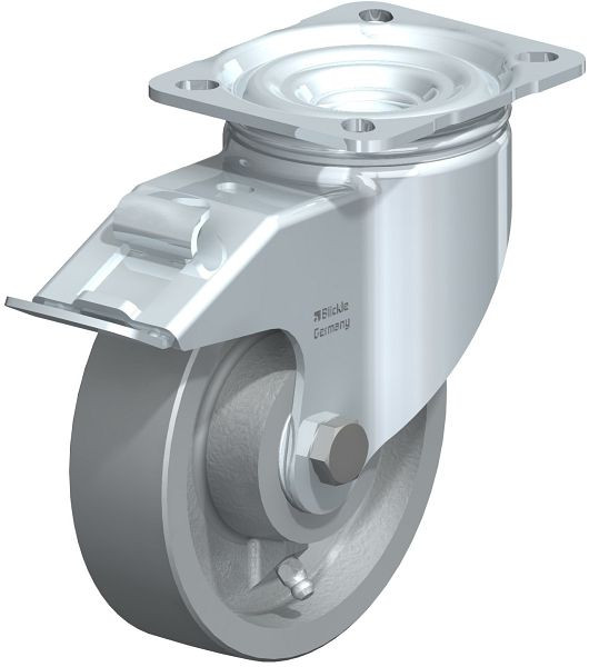 Blickle LIK-G 125IK-1-FI Hitzebeständige Stahlblech-Lenkrolle mit Anschraubplatte & Feststeller, Guss, Grau, 763589