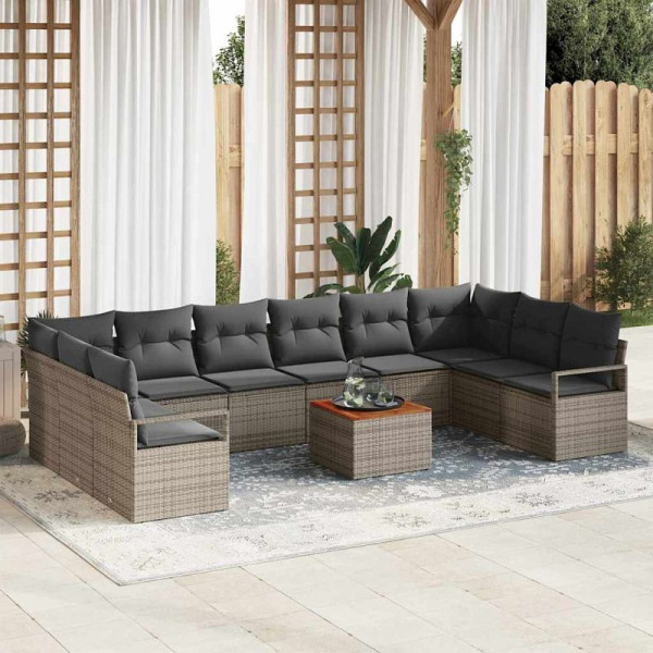 vidaXL Garten-Sofa-Set mit Kissen, 11er Set, Grau Poly Rattan, 3347755