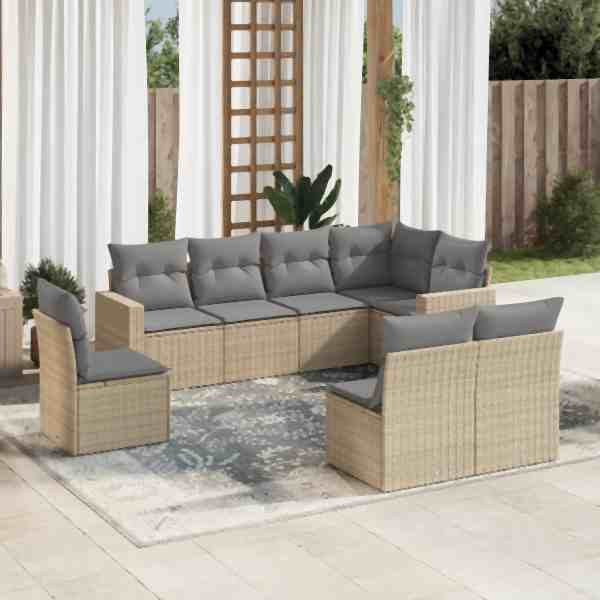 vidaXL 8-tlg. Garten-Sofagarnitur mit Kissen Beige Poly Rattan, UV-beständig, 3219059