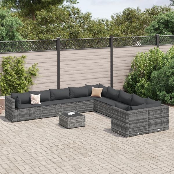 vidaXL 11-teilig Garten-Sofagarnitur mit Kissen Grau Poly Rattan, 3308354