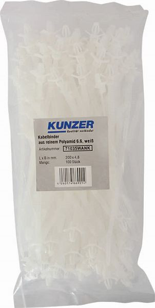 Kunzer Kabelbinder 200 x 4,8 weiß (100 Stück) mit Anker, 71035WANK