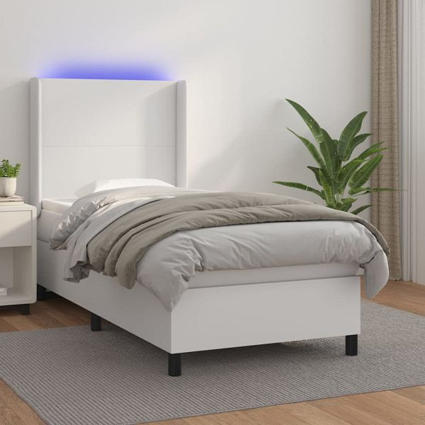 vidaXL Boxspringbett mit Matratze & LED Weiß 90x200 cm Kunstleder, 3139242