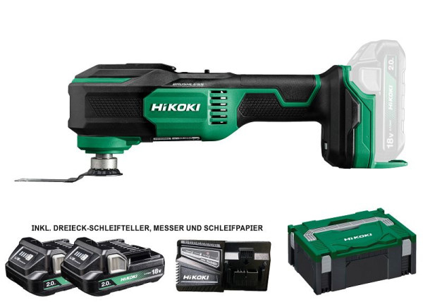 HiKOKI 18 V Multi Tool (Brushless), 2 x 2.0 Ah, Oszilations-Winkel 3,6°, CV18DA (2.0) (HSC II) inkl. Zubehör, CV18DAWRZ