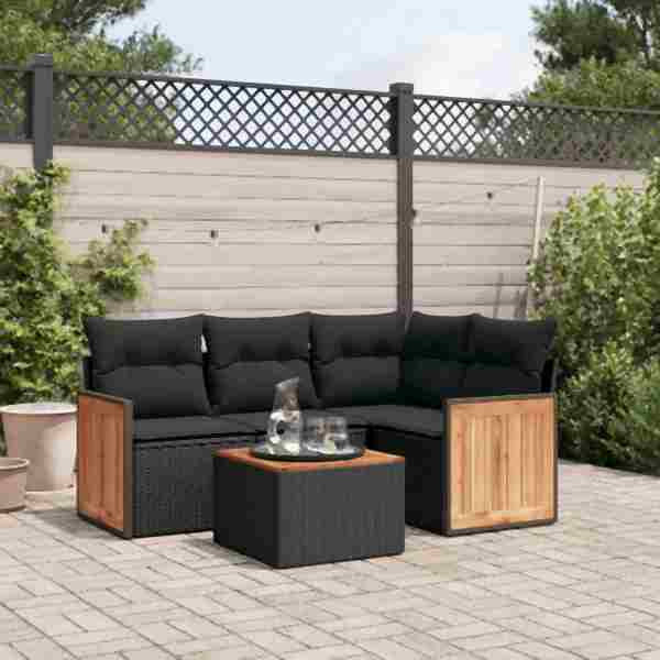 vidaXL 5-tlg. Garten-Sofagarnitur mit Kissen Schwarz Poly Rattan, UV-beständig, 3227616