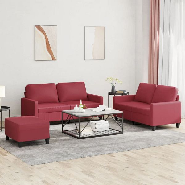vidaXL 3-teilig Sofagarnitur mit Kissen Weinrot Kunstleder, 3201416