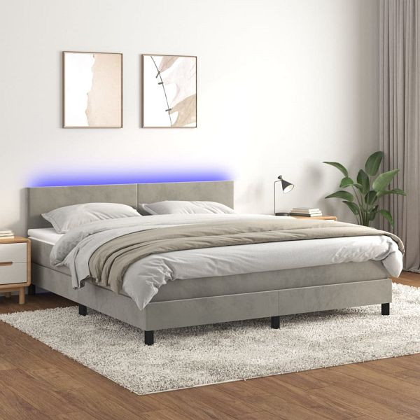 vidaXL Boxspringbett mit Matratze & LED Hellgrau 160x200 cm Samt, 3134291