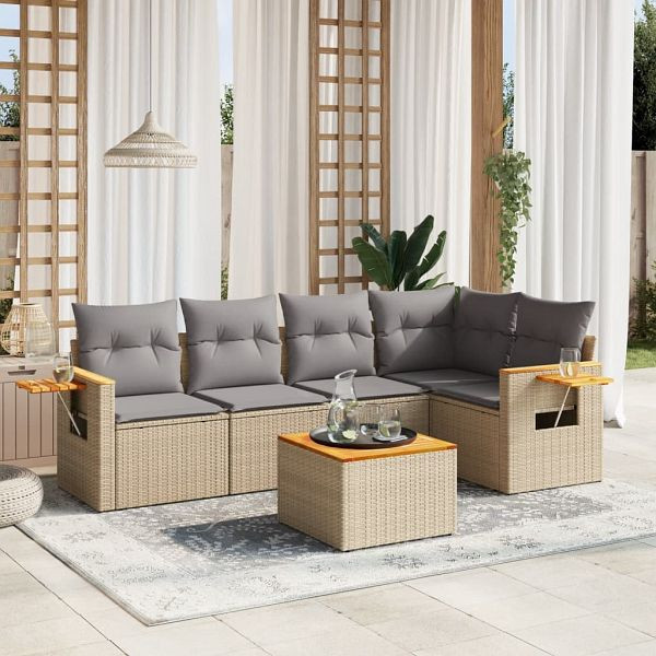 vidaXL 6-teilig Garten-Sofagarnitur mit Kissen Beige Poly Rattan, 3226794