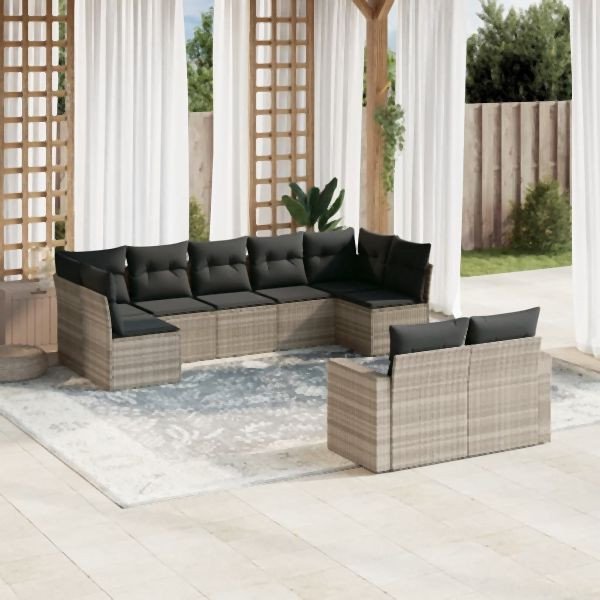 vidaXL 9-tlg. Garten-Sofagarnitur mit Kissen Hellgrau Poly Rattan, 3251759