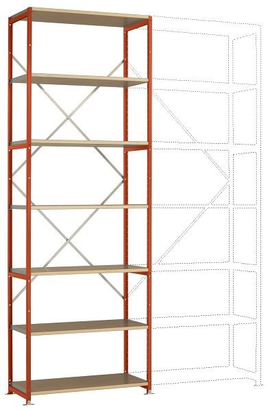 Manuflex Schweres Fachboden-Steckregal Grundregal mit 7 Holzverbundböden, HxBxT = 3000 x 1030 x 1000 mm, rotorange, RP1616.2001