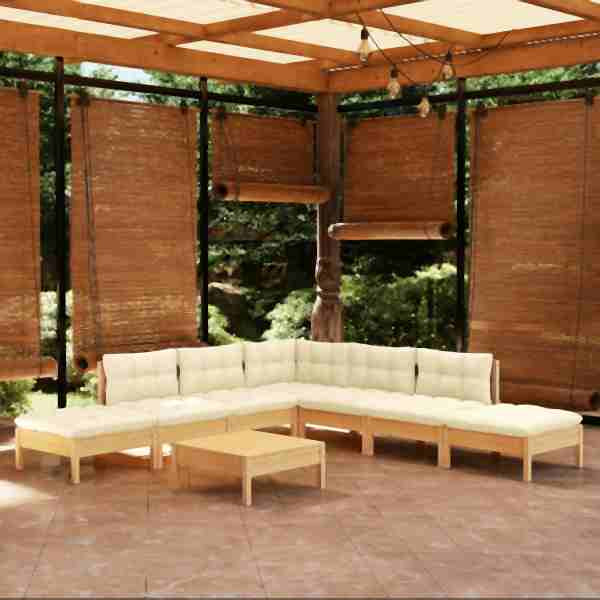 vidaXL 8-tlg. Garten-Lounge-Set mit Creme Kissen Kiefernholz, 3096328