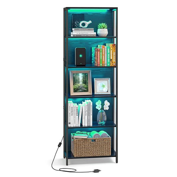 VASAGLE 6-stöckiges Bücherregal mit verstellbarer LED-Beleuchtung, Regal mit Stahlrahmen, 30,3 x 60 x 178,6 cm, Arbeitszimmer in Schwarz, LLS120B57