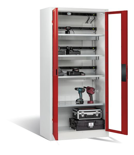 C+P Akkuladeschrank Serie 89, H1950xB930xT500mm, Farbe: Lichtgrau / Rubinrot, Muldengriff, 8921-055E3 S10006