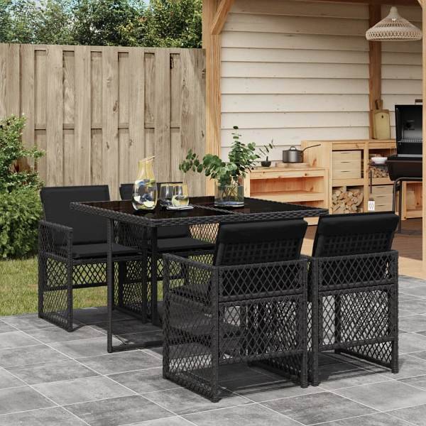 vidaXL 5-tlg. Garten-Essgruppe mit Kissen Schwarz Poly Rattan, UV-beständig, 3210715