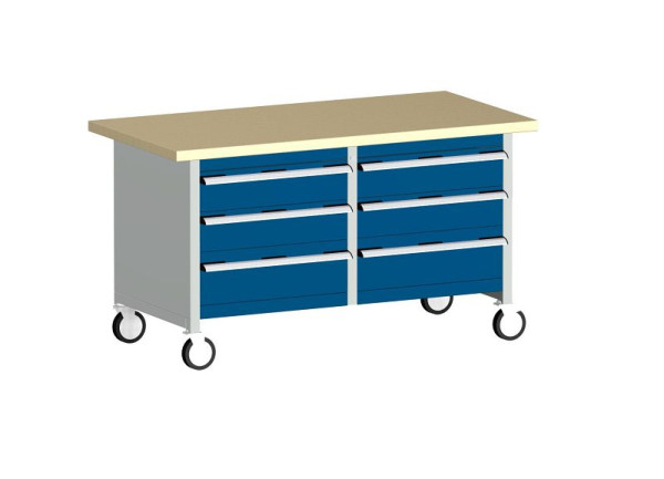 bott cubio Kastenwerkbank mobil 6 Schubladen Multiplex-Arbeitsplatte BxTxH: 1500 x 750 x 840 mm, RAL 7035/5010, 41002106.11V