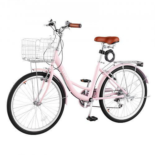 VEVOR Damenfahrrad 24 Zoll 150 kg 7-Gang Pink, für Pendelfahrten Besorgungen, mit Doppelten V-Bremsen, 50 kg Gepäckträger, DGXYJZXCG24IXCW6I001V0