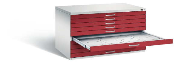 C+P Flachablageschrank Serie 7100_7200, H760xB1350xT960mm, Farbe: Lichtgrau / Rubinrot, Bügelgriff, 7201-000 S10229