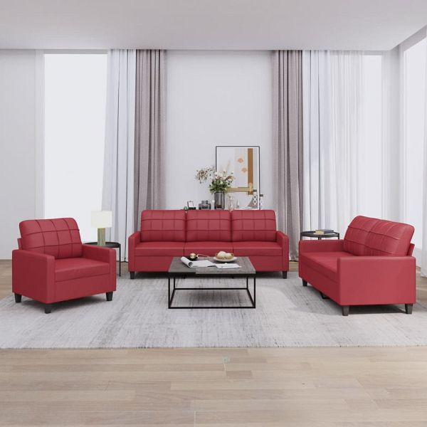 vidaXL 3-tlg. Sofagarnitur mit Kissen Weinrot Kunstleder, 3201341