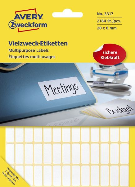 AVERY Zweckform 3317 Universal-Etiketten, 20 x 8 mm, weiß, 2.184 Etiketten/28 Blatt, permanent, 3317