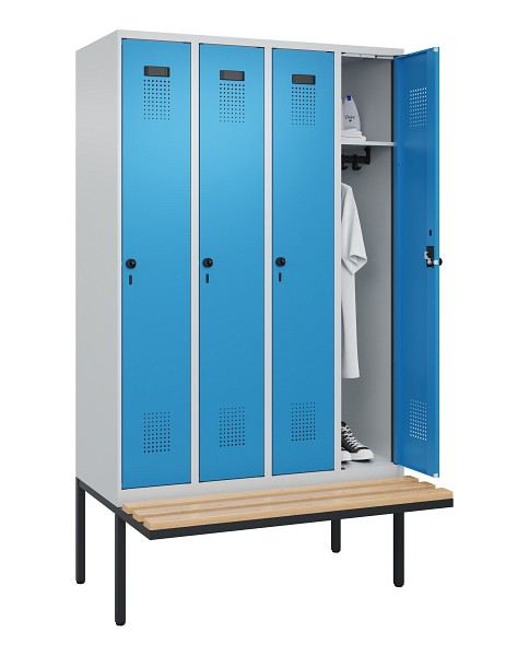 C+P Spind Evolo PLUS, 4 Abteile, 2120x1200x815mm, 7035/5012, Haken 3, Drehriegel, Sitzfläche Holz, 0490407-40 S10007