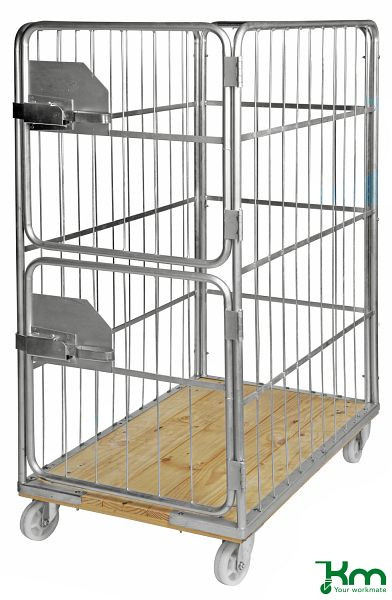 Kongamek Rollcontainer mit Holzboden, 2 Lenk- und 2 Bockrollen mit Bremsen, 1200 x 750 x 1700 mm, Maschenweite 100 x 380 mm, KM86B