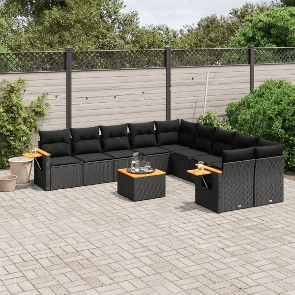 vidaXL 11-tlg. Garten-Sofagarnitur mit Kissen Schwarz Poly Rattan, 3259598