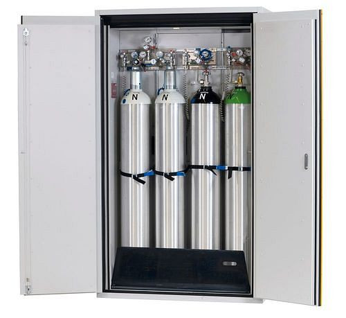 asecos Gasflaschenschrank feuerbeständig G90, 4 x 50 l Flaschen, B 1200 mm,2-flügelige Tür, grau/gelb, 165314
