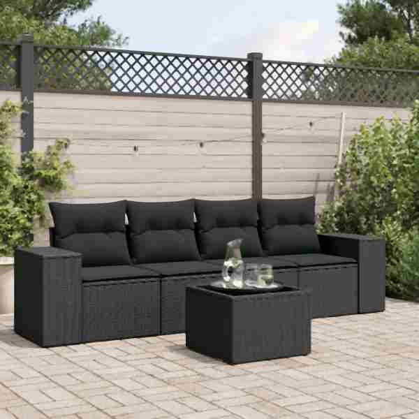 vidaXL 5-tlg. Garten-Sofagarnitur mit Kissen Schwarz Poly Rattan, UV-beständig, 3254622