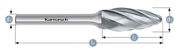 Karnasch Hartmetall-Frässtift unbeschichtet Flamme/ HP-7 d1=16 / l2=36/ d2=6 / l1=82mm, 113075035