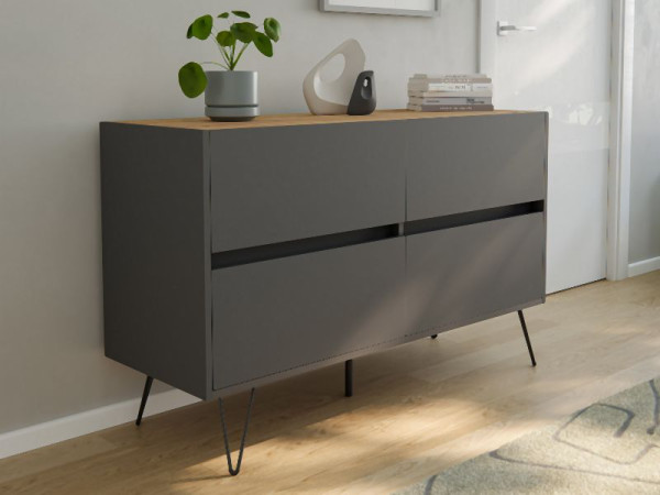 Posseik Sideboard Industrial E 120cm 4 Schubladen Grafit/Eiche Top, PN2082X0000058DE
